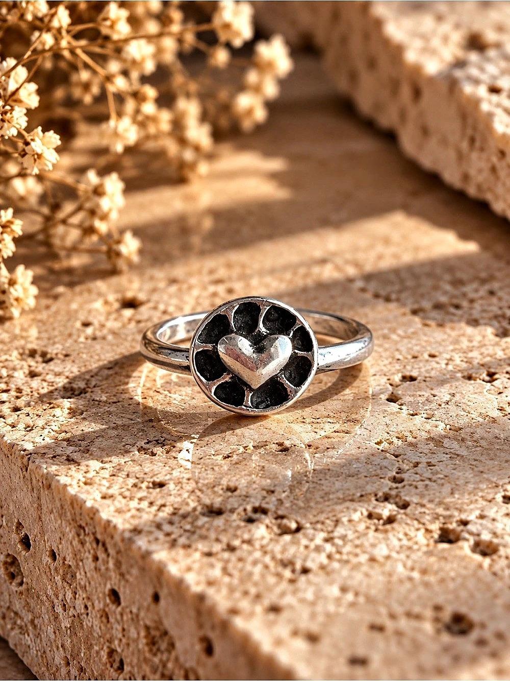 Silver & Black tone Heart Motif Ring